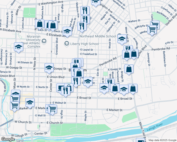map of restaurants, bars, coffee shops, grocery stores, and more near in Bethlehem