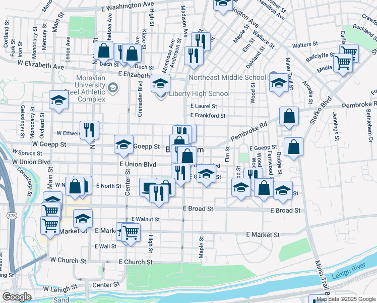 map of restaurants, bars, coffee shops, grocery stores, and more near in Bethlehem