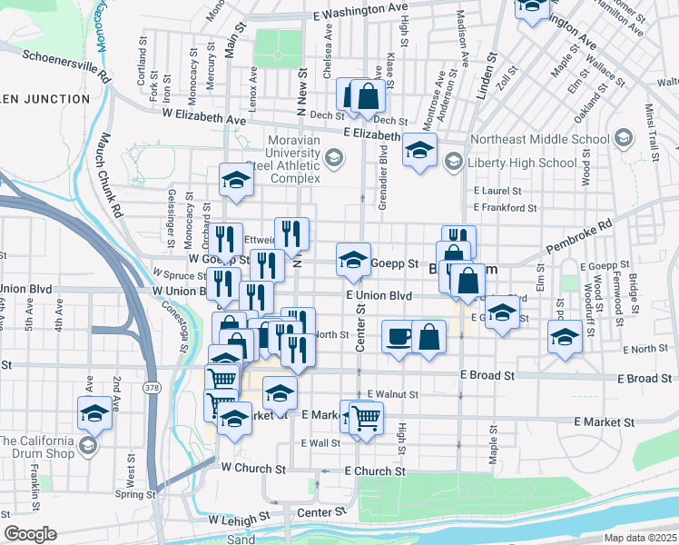 map of restaurants, bars, coffee shops, grocery stores, and more near 46 East Goepp Street in Bethlehem
