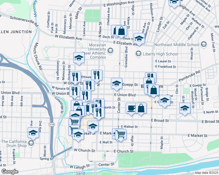 map of restaurants, bars, coffee shops, grocery stores, and more near 46 East Goepp Street in Bethlehem
