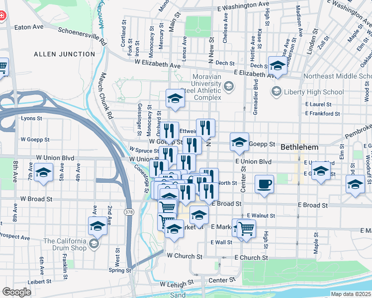 map of restaurants, bars, coffee shops, grocery stores, and more near 52 West Spruce Street in Bethlehem