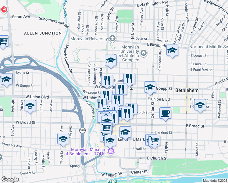map of restaurants, bars, coffee shops, grocery stores, and more near 73 West Goepp Street in Bethlehem