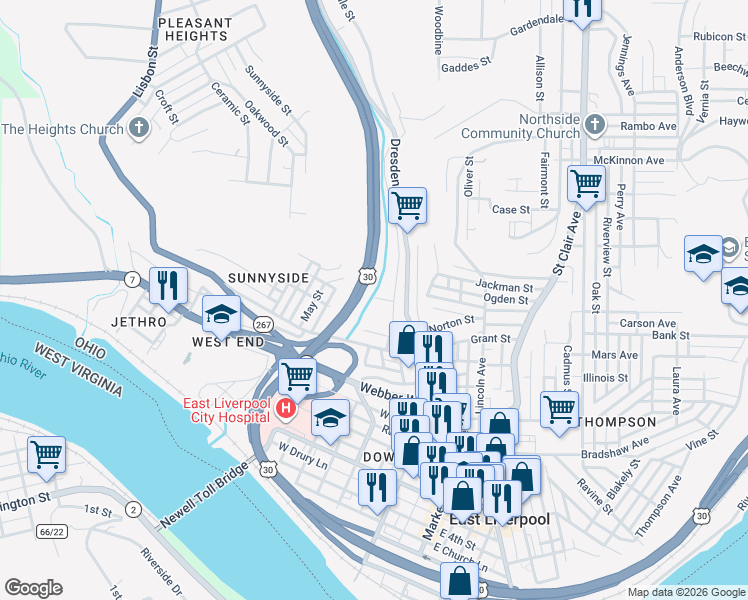 map of restaurants, bars, coffee shops, grocery stores, and more near Veterans Memorial Highway in East Liverpool