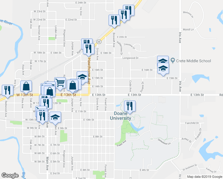map of restaurants, bars, coffee shops, grocery stores, and more near 817 East 14th Street in Crete