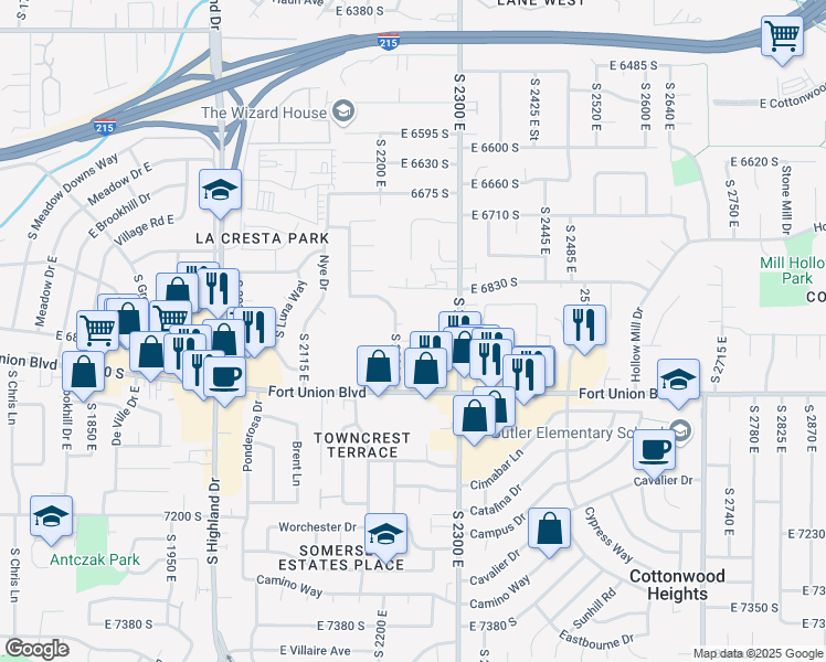 map of restaurants, bars, coffee shops, grocery stores, and more near 6895 Whitmore Way in Cottonwood Heights