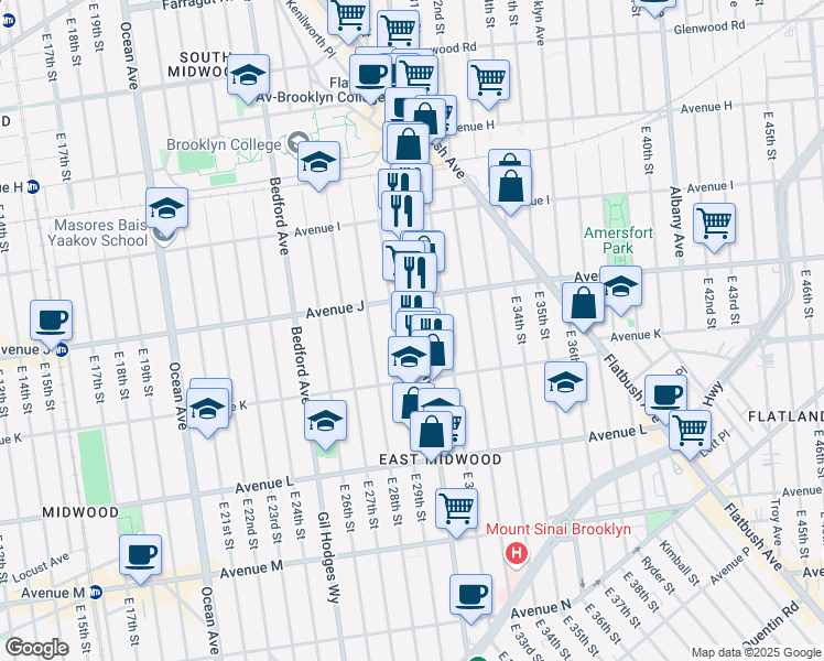 map of restaurants, bars, coffee shops, grocery stores, and more near 2400 Nostrand Avenue in Brooklyn