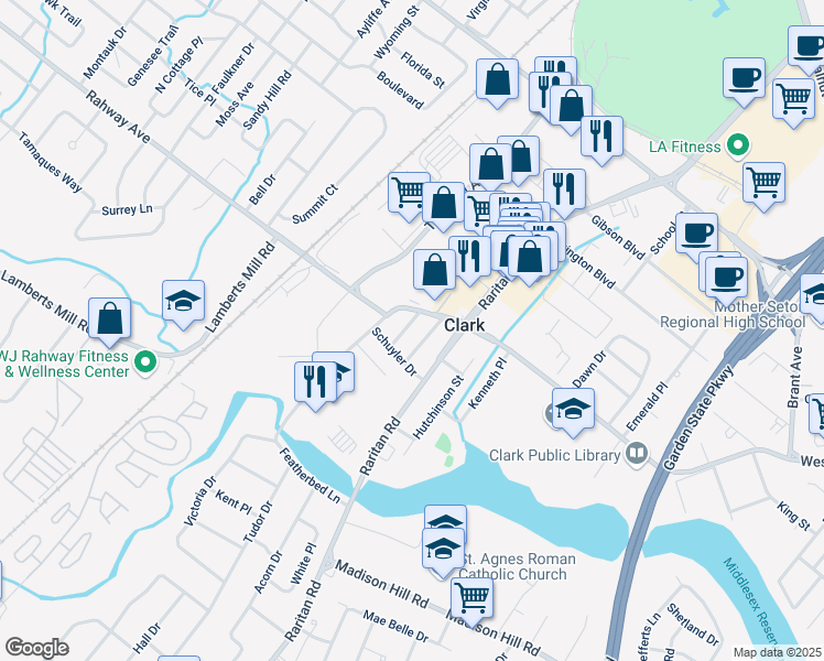 map of restaurants, bars, coffee shops, grocery stores, and more near 21 Garside Place in Clark