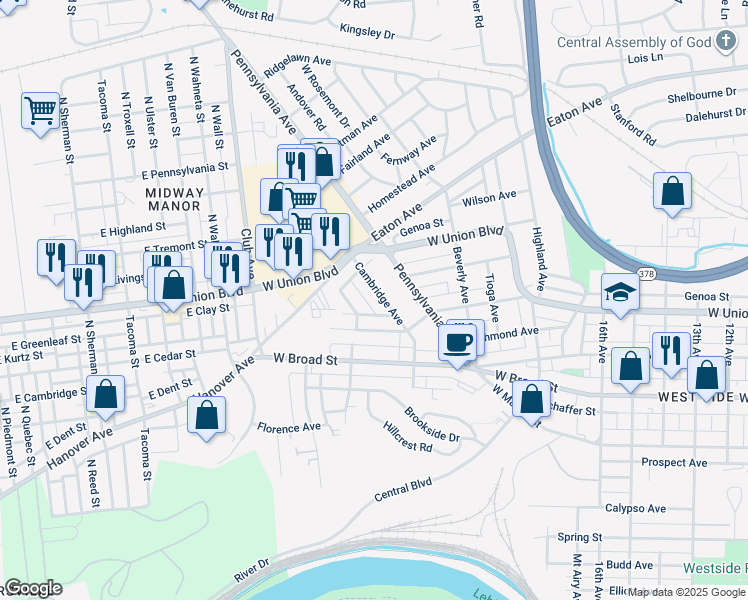 map of restaurants, bars, coffee shops, grocery stores, and more near 907 Cambridge Ave in Bethlehem