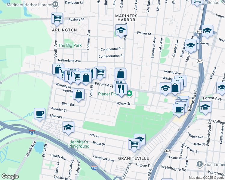 map of restaurants, bars, coffee shops, grocery stores, and more near 12A Heaney Avenue in Staten Island