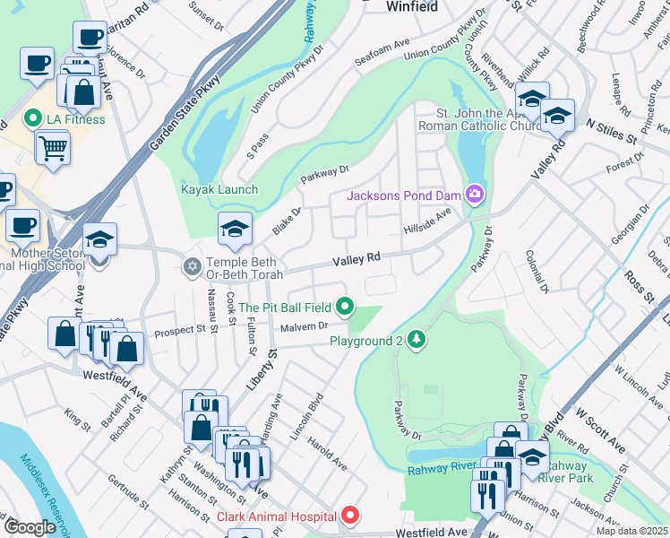 map of restaurants, bars, coffee shops, grocery stores, and more near 279 Valley Road in Clark