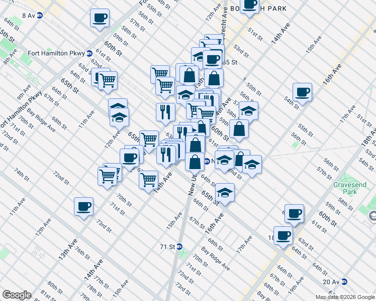 map of restaurants, bars, coffee shops, grocery stores, and more near 63rd St & 14th Ave in Brooklyn