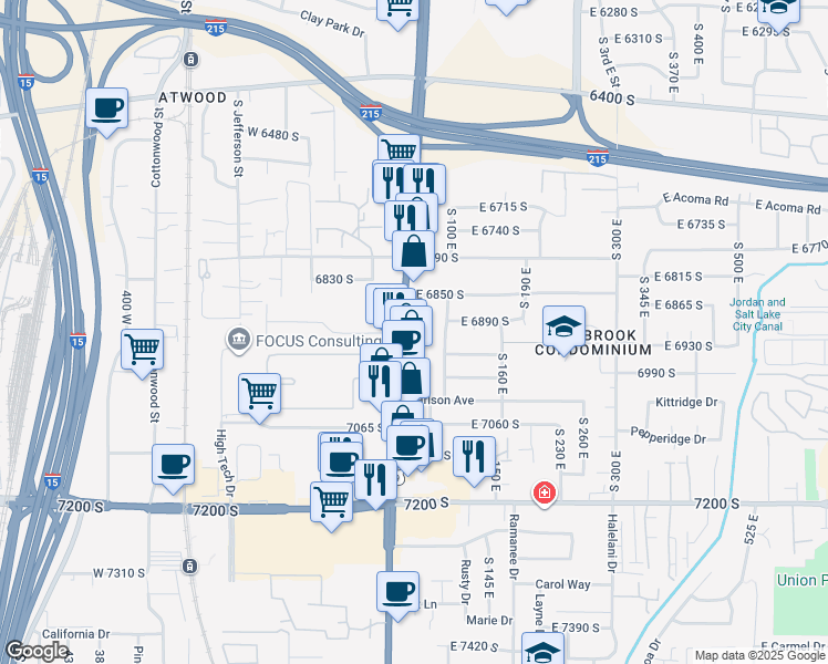 map of restaurants, bars, coffee shops, grocery stores, and more near 6895 State Street in Midvale