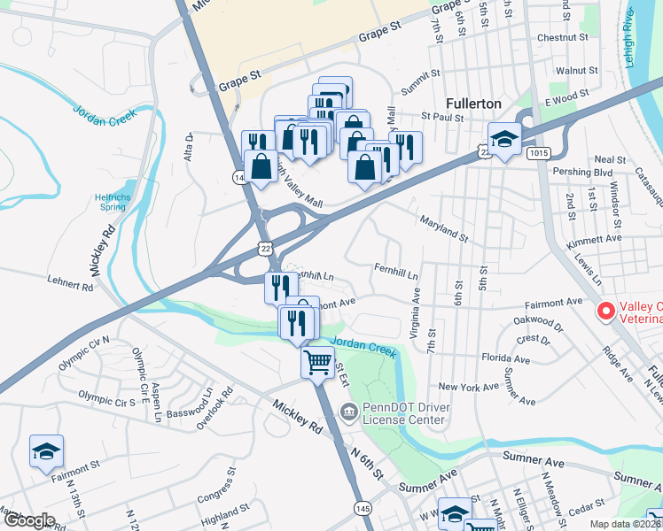 map of restaurants, bars, coffee shops, grocery stores, and more near 3 Maryland Circle in Fullerton