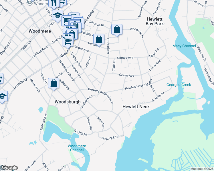 map of restaurants, bars, coffee shops, grocery stores, and more near 115 Harold Road in Woodmere