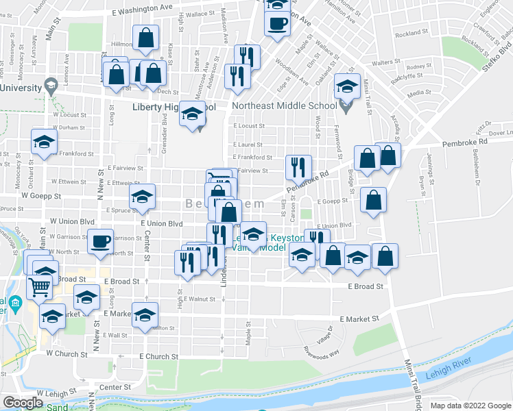 map of restaurants, bars, coffee shops, grocery stores, and more near in Bethlehem