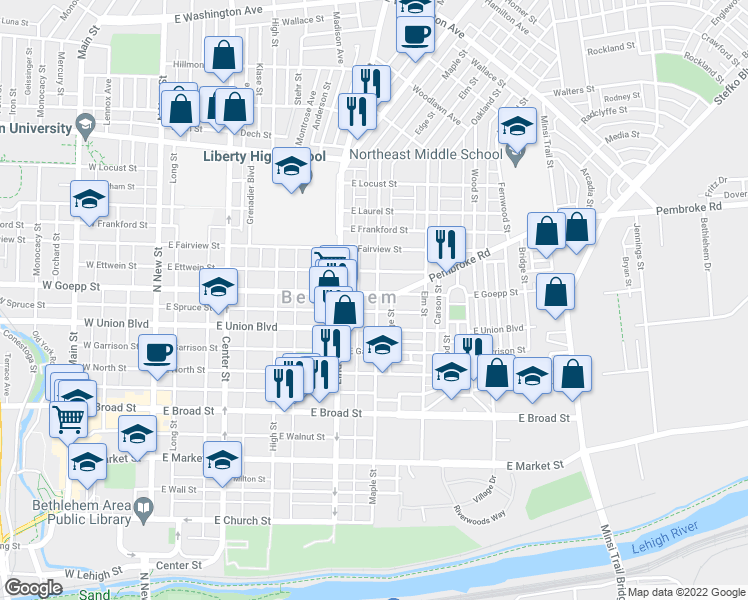 map of restaurants, bars, coffee shops, grocery stores, and more near 336 East Goepp Street in Bethlehem