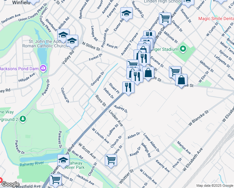 map of restaurants, bars, coffee shops, grocery stores, and more near 1011 Stuart Place in Linden