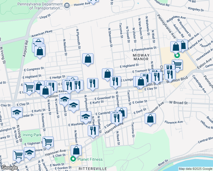 map of restaurants, bars, coffee shops, grocery stores, and more near 926-998 N Reed St in Allentown