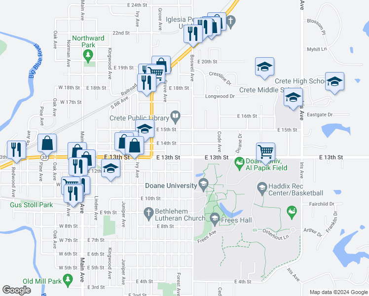map of restaurants, bars, coffee shops, grocery stores, and more near 817 East 14th Street in Crete