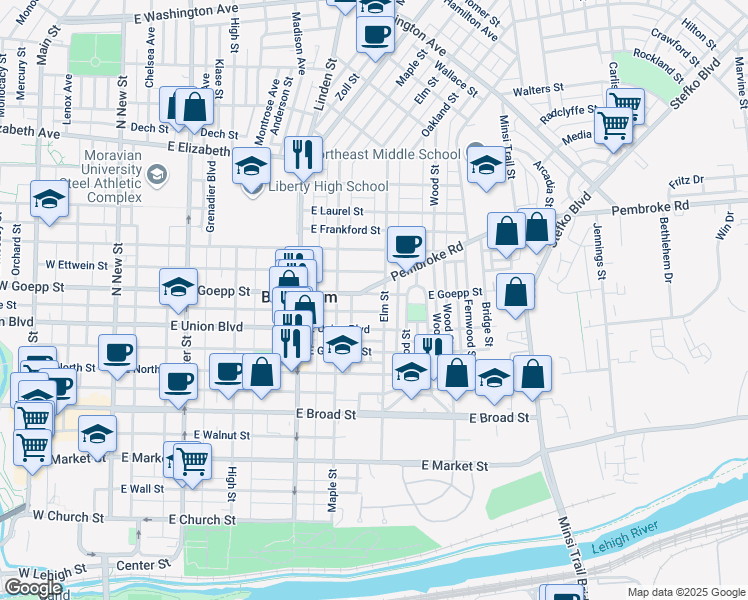 map of restaurants, bars, coffee shops, grocery stores, and more near 440 East Goepp Street in Bethlehem