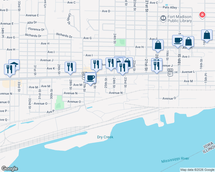 map of restaurants, bars, coffee shops, grocery stores, and more near 2420 Avenue M in Fort Madison