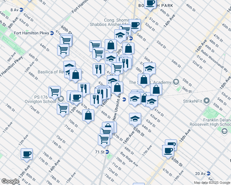 map of restaurants, bars, coffee shops, grocery stores, and more near 6214 14th Avenue in Brooklyn