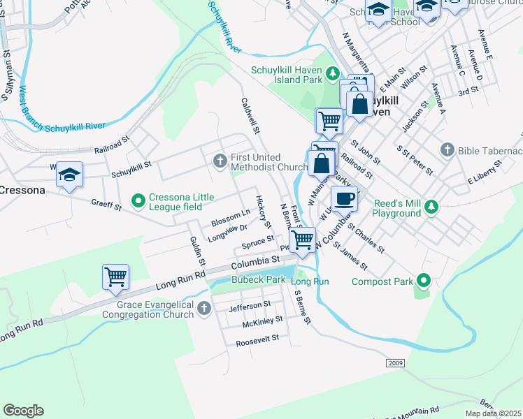 map of restaurants, bars, coffee shops, grocery stores, and more near 102 Hickory St in Schuylkill Haven