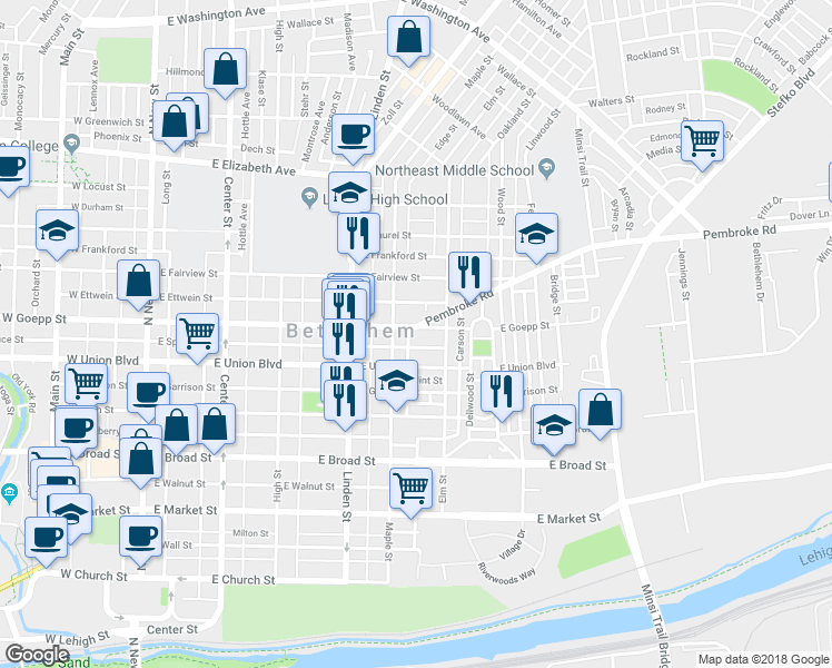 map of restaurants, bars, coffee shops, grocery stores, and more near 426 East Goepp Street in Bethlehem