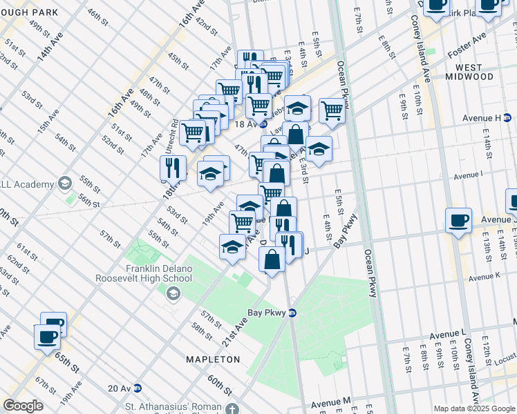 map of restaurants, bars, coffee shops, grocery stores, and more near Dahill Road & Avenue I in Brooklyn