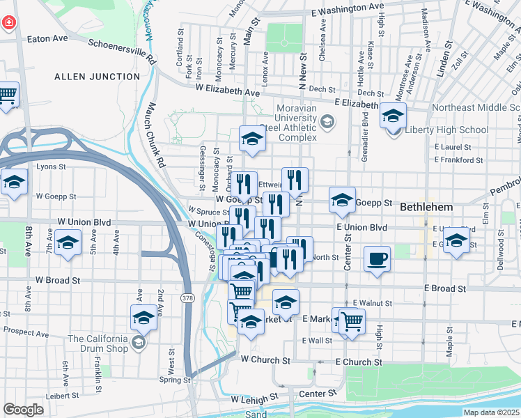 map of restaurants, bars, coffee shops, grocery stores, and more near 73 West Goepp Street in Bethlehem