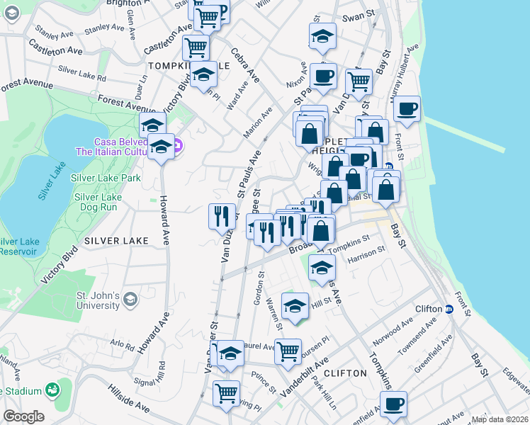 map of restaurants, bars, coffee shops, grocery stores, and more near 51 Gordon Street in Staten Island