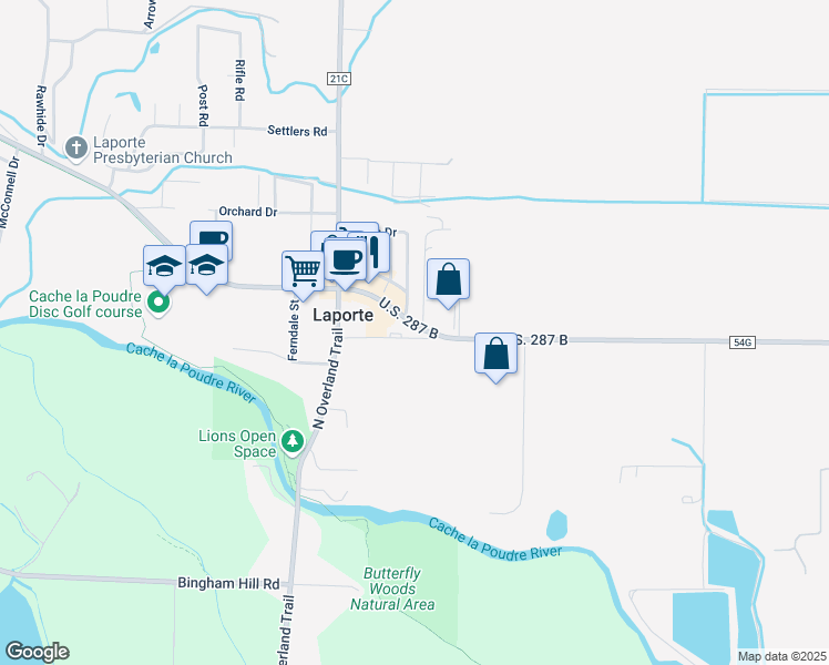 map of restaurants, bars, coffee shops, grocery stores, and more near 3206 West County Road 54G in Laporte