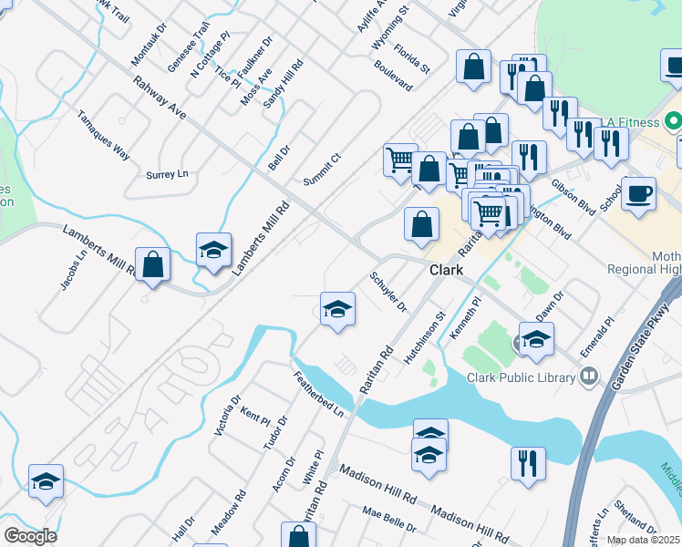 map of restaurants, bars, coffee shops, grocery stores, and more near 1600 Westfield Avenue in Clark