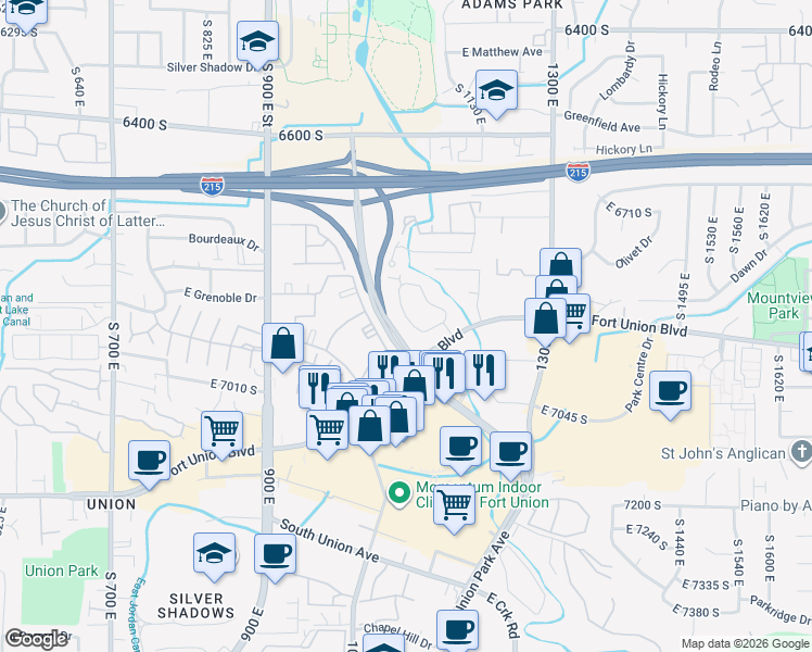 map of restaurants, bars, coffee shops, grocery stores, and more near 6904 Countrywoods Circle in Cottonwood Heights