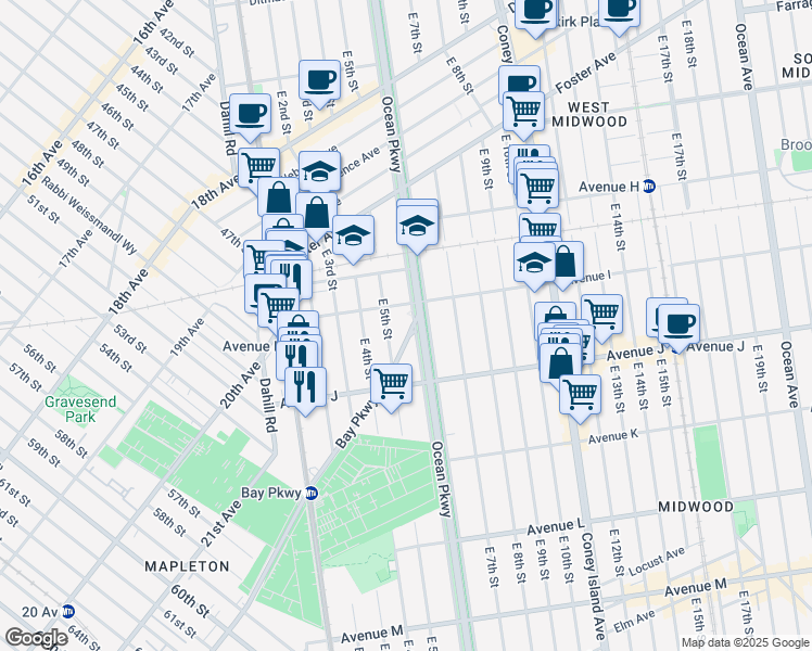 map of restaurants, bars, coffee shops, grocery stores, and more near 4609 Bay Parkway in Brooklyn