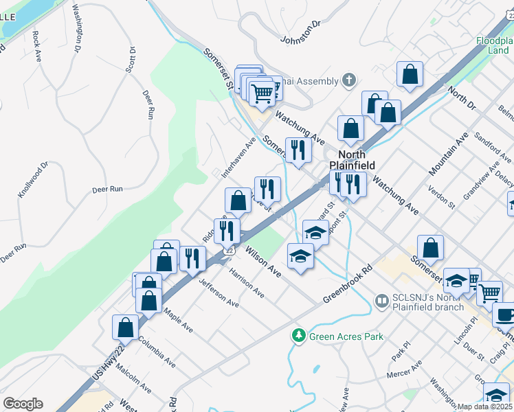 map of restaurants, bars, coffee shops, grocery stores, and more near 401 Grove Street in North Plainfield