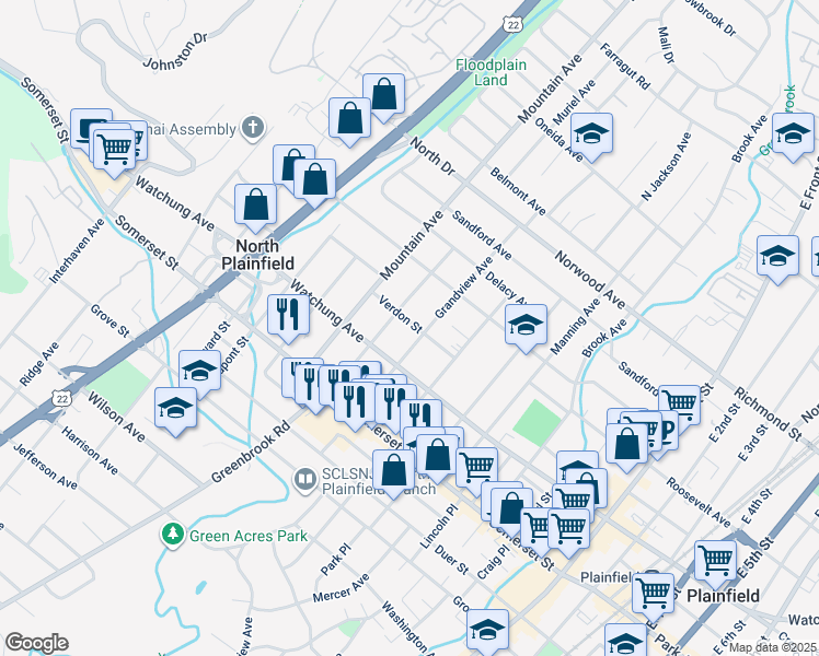 map of restaurants, bars, coffee shops, grocery stores, and more near 19 Verdon Street in North Plainfield