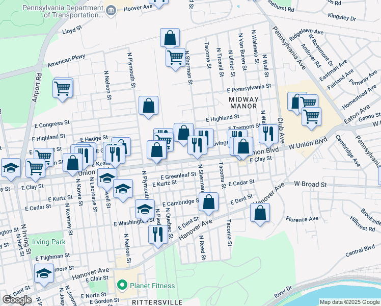 map of restaurants, bars, coffee shops, grocery stores, and more near 926 North Reed Street in Allentown