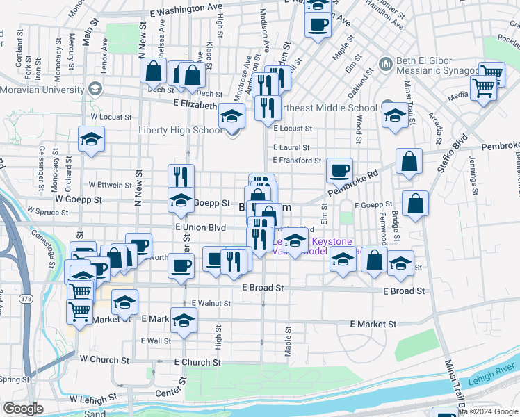 map of restaurants, bars, coffee shops, grocery stores, and more near 833 Linden Street in Bethlehem