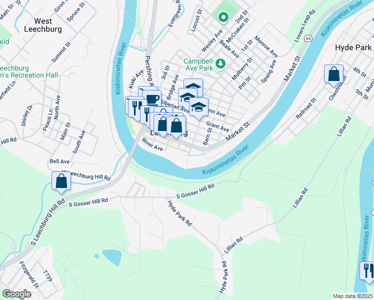 map of restaurants, bars, coffee shops, grocery stores, and more near 301 Market Street in Leechburg
