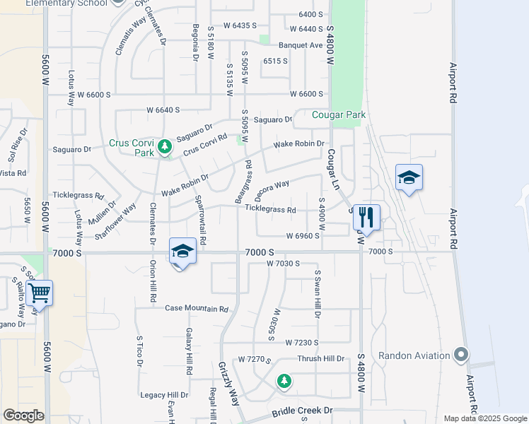 map of restaurants, bars, coffee shops, grocery stores, and more near 5043 Ticklegrass Road in West Jordan