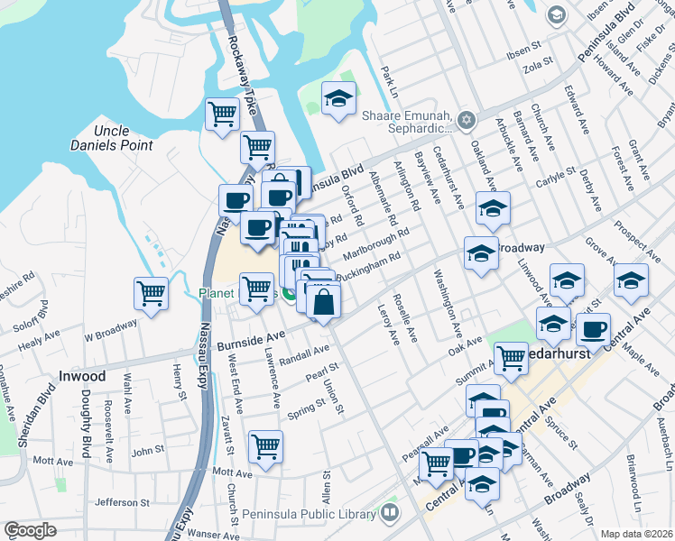 map of restaurants, bars, coffee shops, grocery stores, and more near 352 Buckingham Road in Cedarhurst