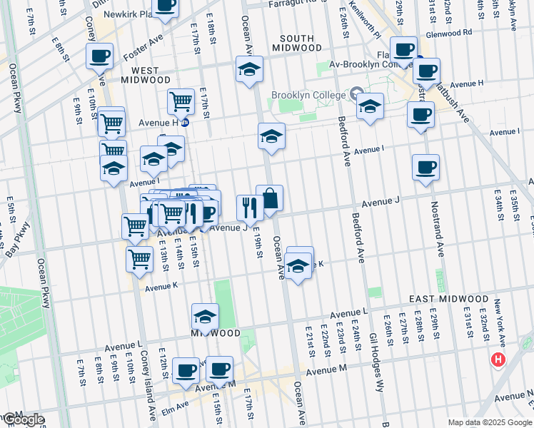 map of restaurants, bars, coffee shops, grocery stores, and more near 1005 East 19th Street in Brooklyn