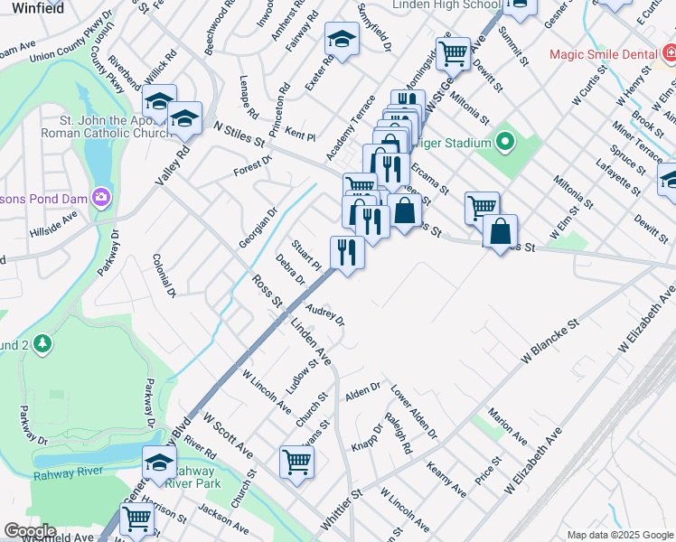 map of restaurants, bars, coffee shops, grocery stores, and more near 1203 New Jersey 27 in Linden