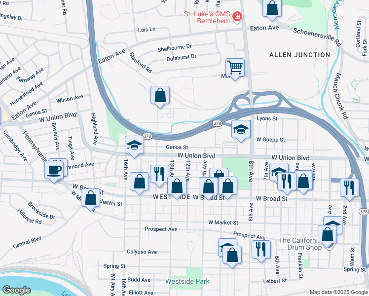 map of restaurants, bars, coffee shops, grocery stores, and more near 1308 Genoa Street in Bethlehem