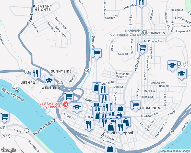 map of restaurants, bars, coffee shops, grocery stores, and more near 1007 Dresden Avenue in East Liverpool