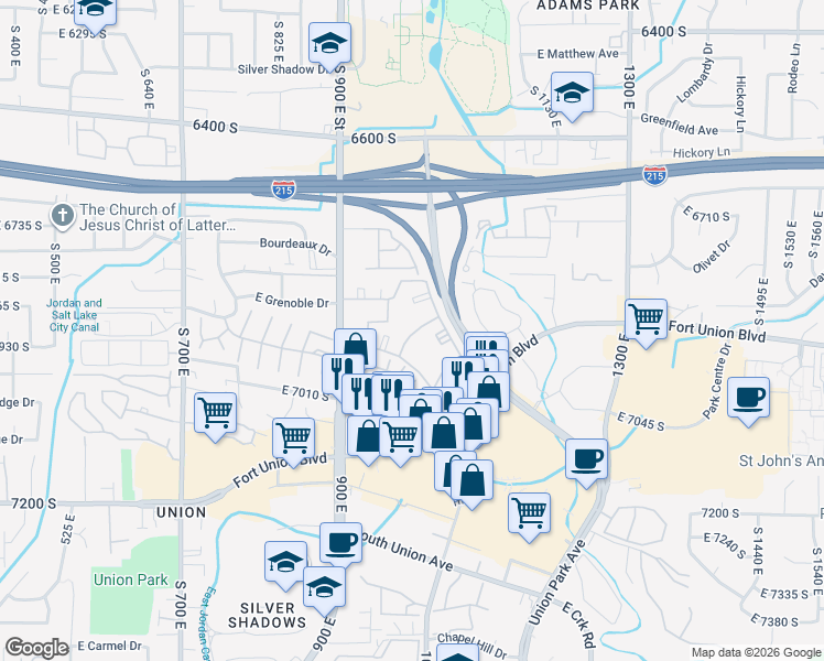 map of restaurants, bars, coffee shops, grocery stores, and more near 6945 South Well Wood Road in Midvale