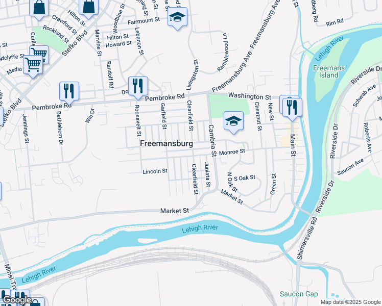 map of restaurants, bars, coffee shops, grocery stores, and more near 805 Monroe Street in Freemansburg