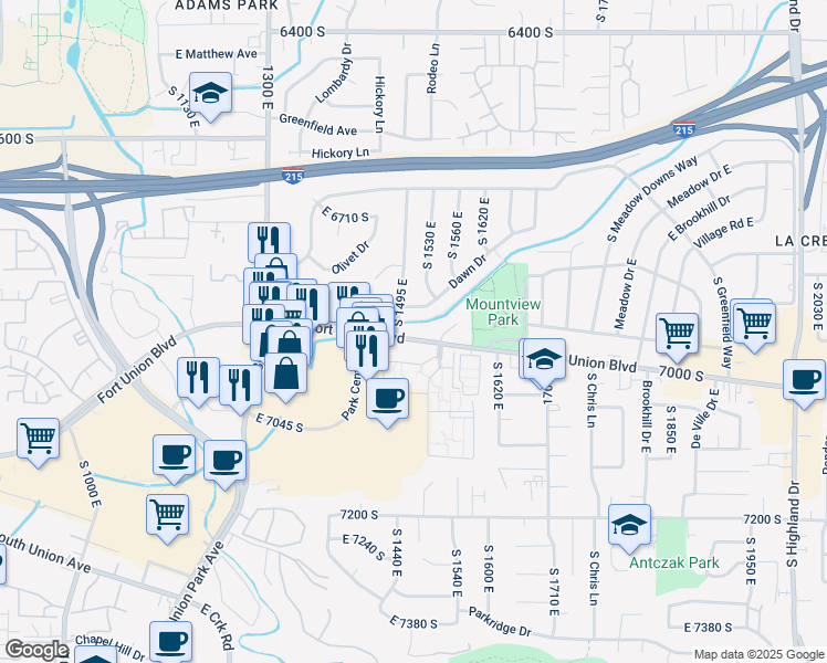 map of restaurants, bars, coffee shops, grocery stores, and more near 1505 Fort Union Boulevard in Cottonwood Heights