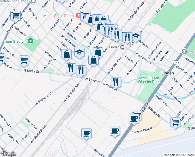 map of restaurants, bars, coffee shops, grocery stores, and more near 416 Lynn Court in Linden